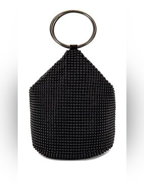 Olga Berg Black Beaded Wristlet Clutch with Metal Ring